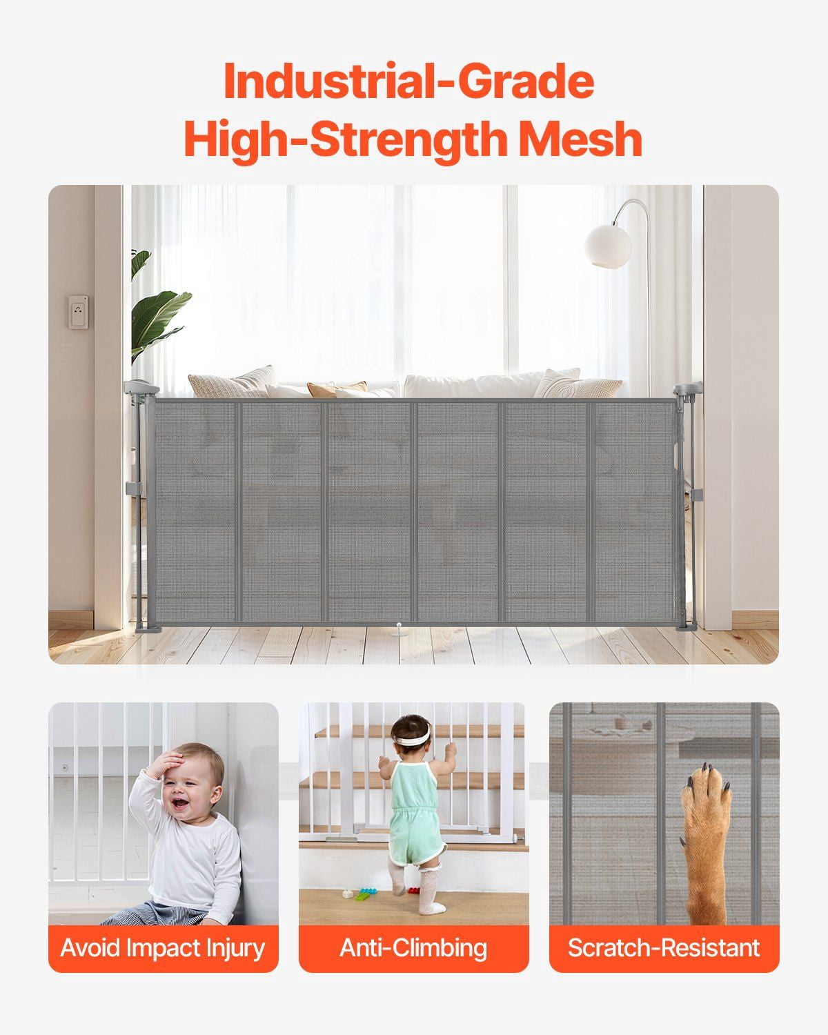 Retractable Baby & Pet Gate - 34 Inches High, Extends to 71 Inches Wide, Gray (Durable, Space-Saving Design)