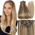 thumbnail image 1 of Extensiones de cabello con clip Full Shine, extensiones de cabello Balayage con clip en cabello humano Balayage, de color marrón dorado a rubio sucio, extensiones de cabello liso con clip, doble trama, 1 of 1