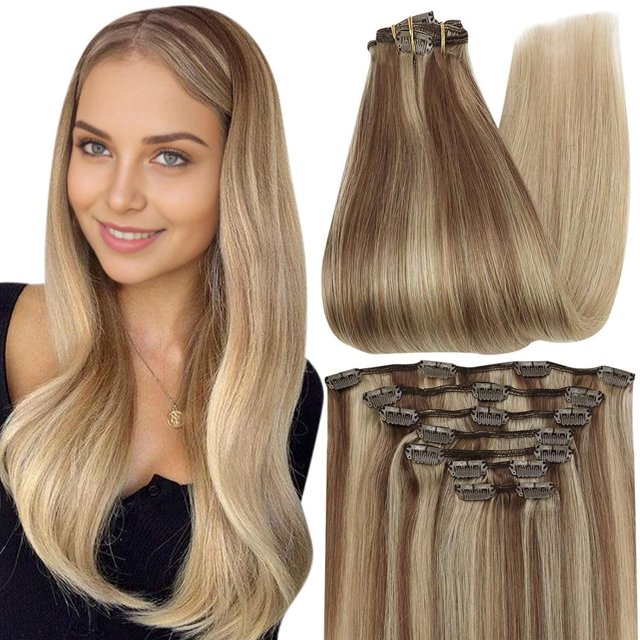 Extensiones de cabello con clip Full Shine, extensiones de cabello Balayage con clip en cabello humano Balayage, de color marrón dorado a rubio sucio, extensiones de cabello liso con clip, doble trama