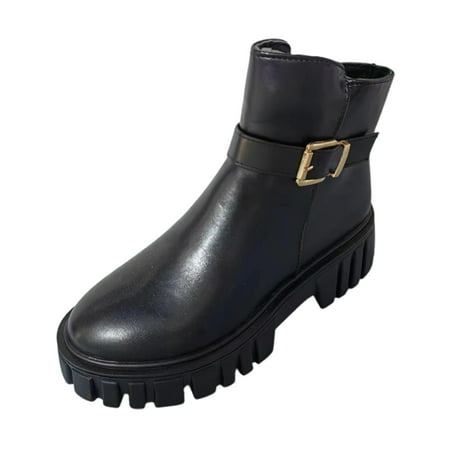 

Lovskoo 2024 Women s Middle Ankle Boots Round Toe Chunky Heel Plus-Size Solid Boots With Thick Heels Buckle Side Boots Black