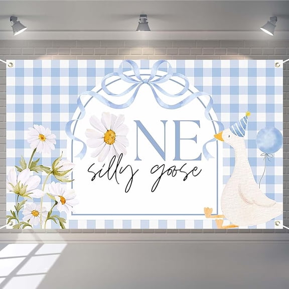 One Silly Goose Backdrop Blue Gingham Goose First Birthday Photography Background Watercolor Floral Bow Theme Boy 1st Birthday Party Decorations Banner Photo Booth Props