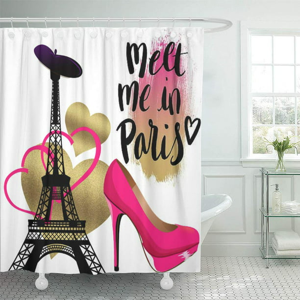 White Shower Curtain 60x72 Inch, Pink And Black Paris Shower Curtain