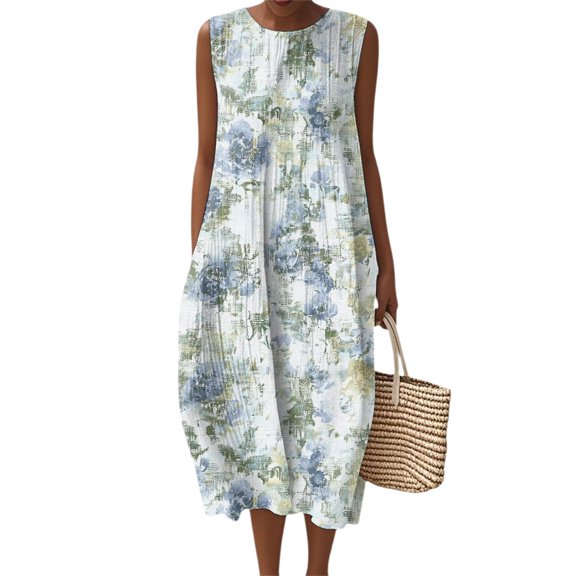 Women's Summer Maxi Dress 2060 Sleeveless Round Neck Floral Elegant Temperament Dress Casual Loose Long Beach Sundress Travel Vacation Outfits