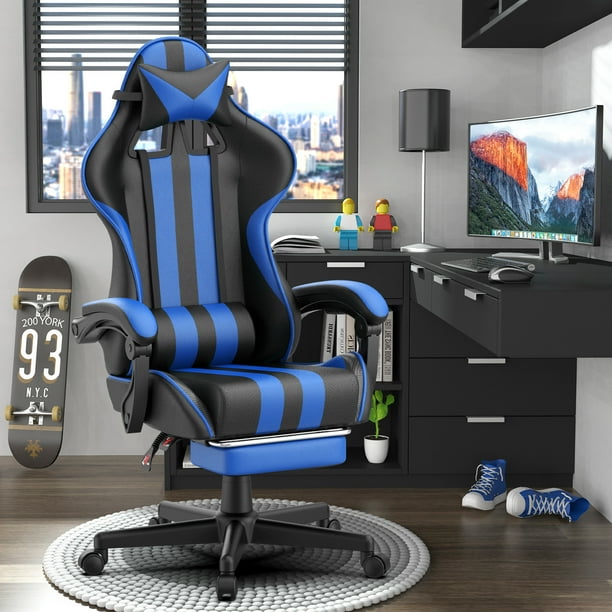 Ferghana Gaming Chair with Footrest Computer Chair with Adjustable Massage Lumbar Pillow Headrest Ergonomic High Back Leather Game Desk Chair Navy Blue Walmart Business Supplies