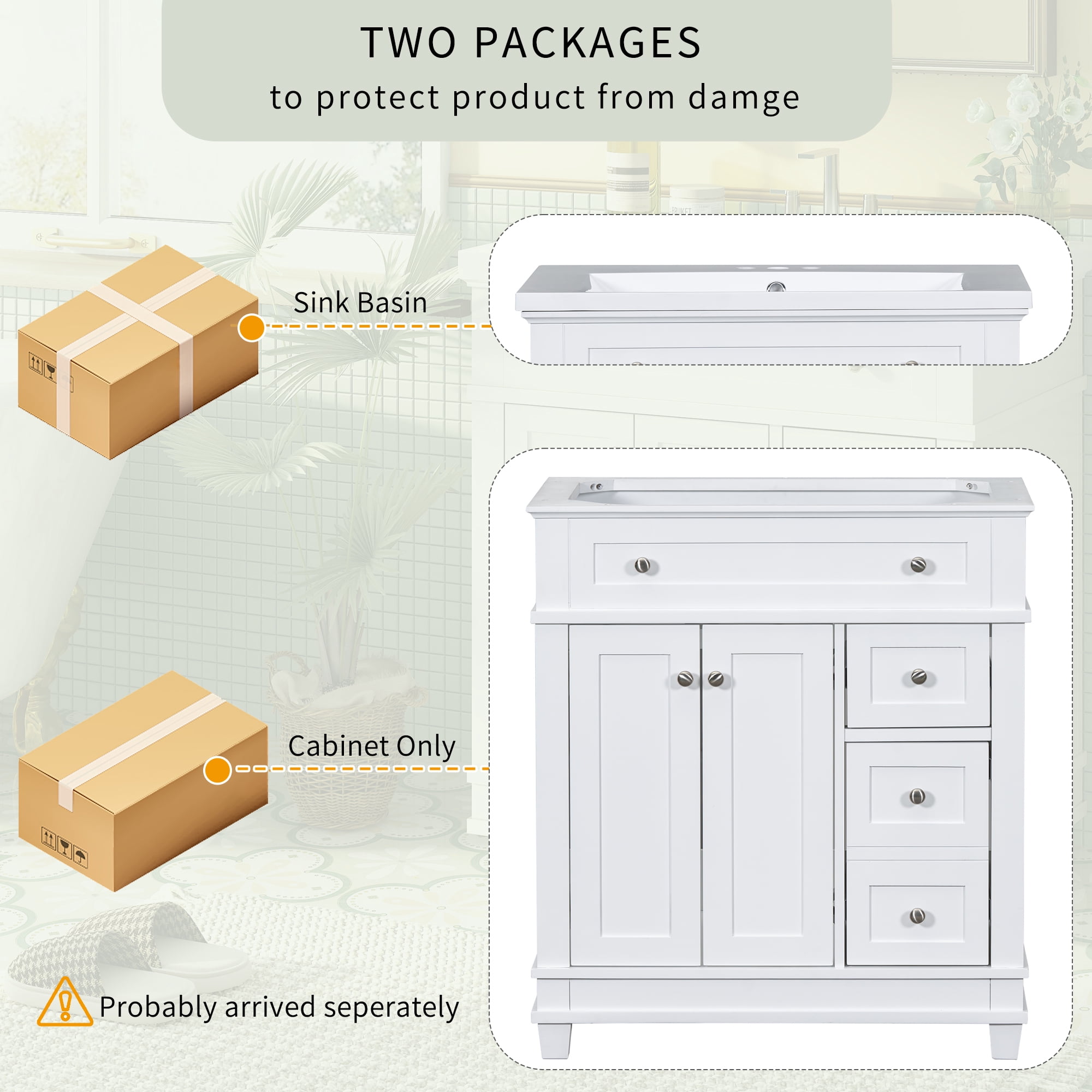 Euroco 30" Bathroom Vanity Cabinet with Sink Combo Set, Undermount Resin Sink, Free Standing Vanity Set with 2 Drawers& Soft Closing Doors, Solid Wood Frame Bathroom Cabinet, White