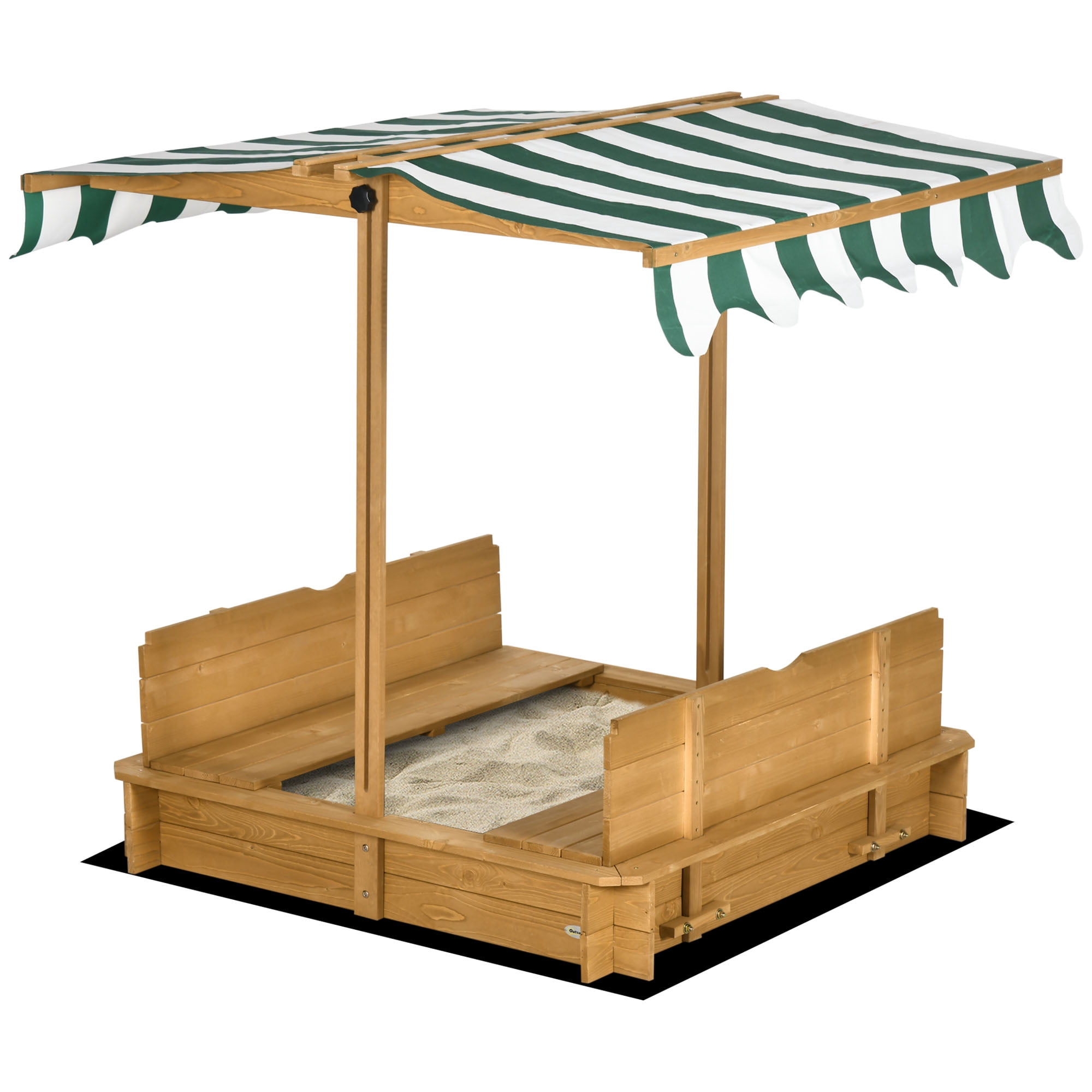 Wooden Kids Sandbox with Adjustable Canopy & Cover, Foldable Bench Seats with Backrest, Outdoor Sand Box with Bottom Liner, Brown