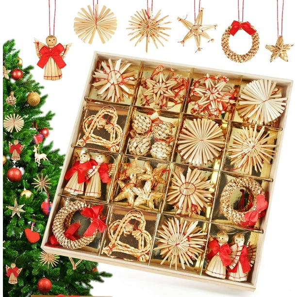 Decoraciones para árboles de Navidad, 56 piezas de decoraciones para árboles de paja, adorno de paja para árbol de Navidad, colgante de paja para árbol de Navidad, colgante de paja natural