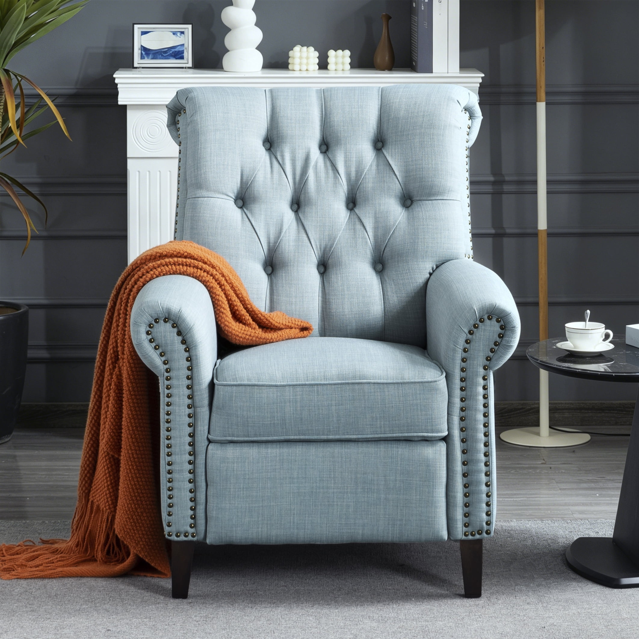 Gewnee 29.92" Manual Push Back Recliner,Modern Reclining Linen Chair With Nail-Head Trim,Tufted Back,Rolled Armrests,Single Chair for Living Room,Office,Bedroom.Blue