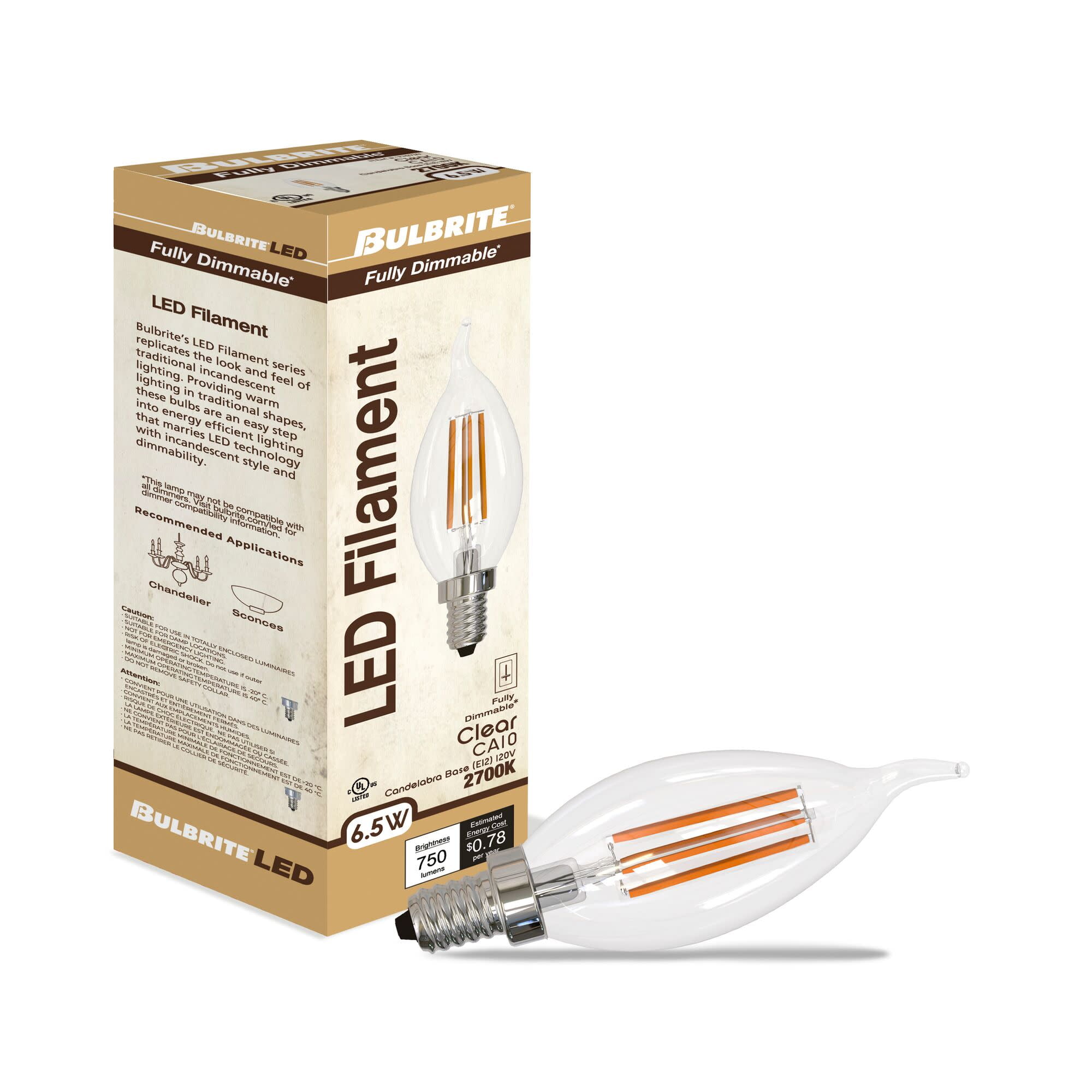 Bulbrite 862857 2700K 750 Lumen 6.5 watt LED Filament Dimmable CA10 Light Bulbs with a Clear & Candelabra E12 Base, Warm White - Pack of 4