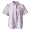thumbnail image 3 of VJGBEGW Women Striped Blouses Spring Summer Ruffle Collar Puff Sleeve Button Down Shirts Business Casual Tops Purple M, 3 of 5