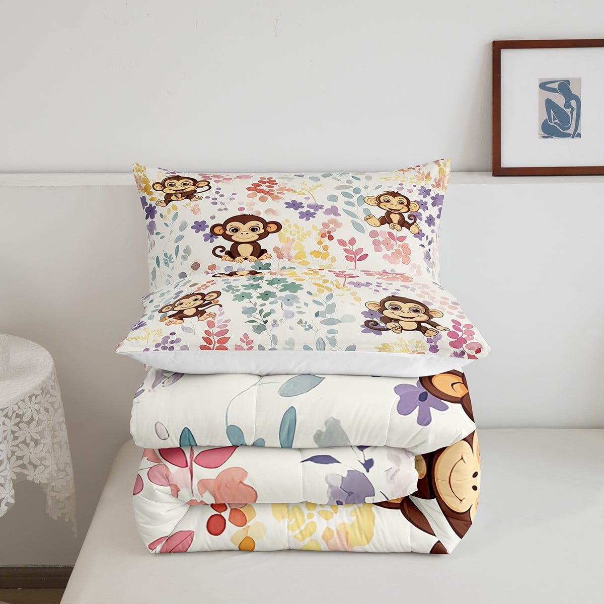 Kawaii Monkey Bedding Set Twin Size,Cartoon Monkey Flower Comforter Set,Watercolor Floral Quilt Bed Set Forest Wildlife Animal Down Comforter with 1 Pillowcase