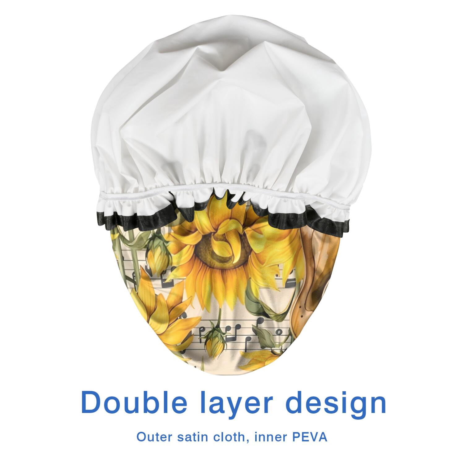 Shower Caps,Beige Music Sunflower Guitar Pattern Waterproof Shower Cap for Women 4 Pieces,Double Reusable Hair Cover for Shower PEVA Elastic Stretch Hem