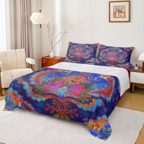 Homewish Western Hippie Damask Bed Sheets for Adult, Retro Mandala Flower King Sheets, Rustic Farmhouse Style Sheet Set, Luxury Bedroom Decor, 4pcs