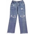 thumbnail image 1 of Jeans Boyfriend de cintura media rasgados para mujer Pantalones de mezclilla elásticos desgastados de ajuste holgado 32-azul claro 30 largos, 1 of 5