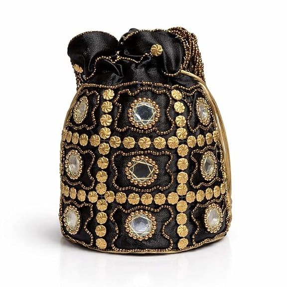 Handcrafted Embroidered Potli Bag for Women with Mirror Work and Beaded Design Traditional Drawstring Pouch Purse for Wedding Party and Festive Use-Black