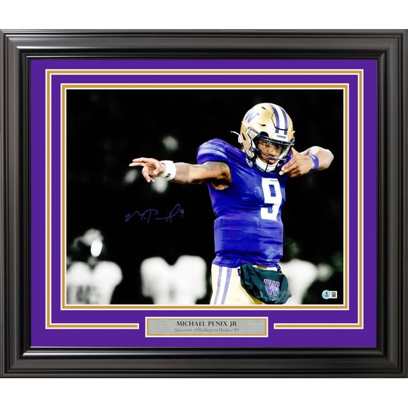 Michael Penix Jr Autographed Framed 16x20 Photo Washington Huskies Bow & Arrow Beckett BAS Witness Stock #254251