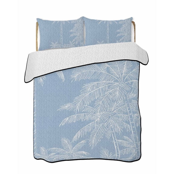 Quilts Twin-XL Size Bedding Set, Blue Palm Tree Lightweight Quilted Comforter, Summer Beach Coastal Tropical Botanical Soft Reversible Bedspread Coverlet with Pillow Covers for All Season, 68" x 98"