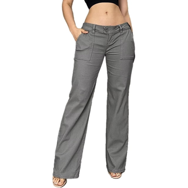 Pantalones elásticos de cintura baja para mujer con bolsillos Pantalones de vestir de pierna acampanada Pantalones pequeños para trabajo de oficina BusinessE-gray-low RiseX-Small