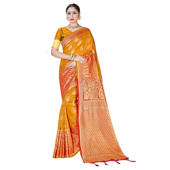 Sarees for Women Banarasi Art Silk Woven Sari - Indian Diwali Gift Rakhi Festival Saree & Unstitched Blouse Orange
