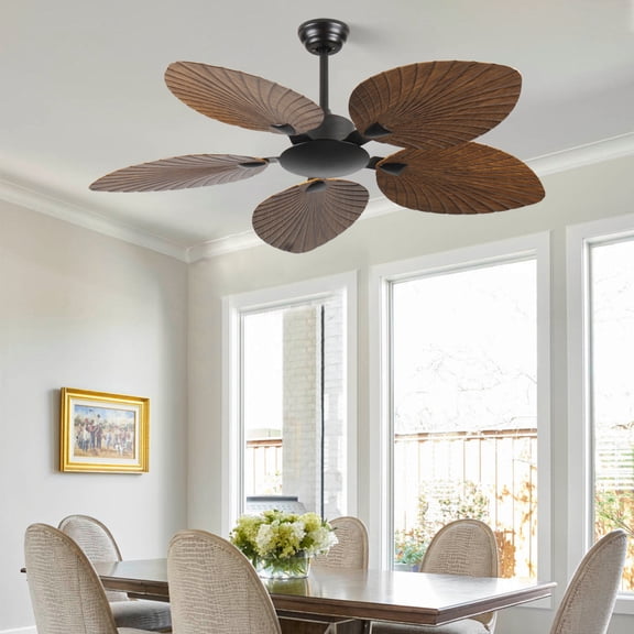 52 Inch Indoor Outdoor Brown Retro Ceiling Fan 5 Palm Leaf Shaped Blades Tropical Style Without Light