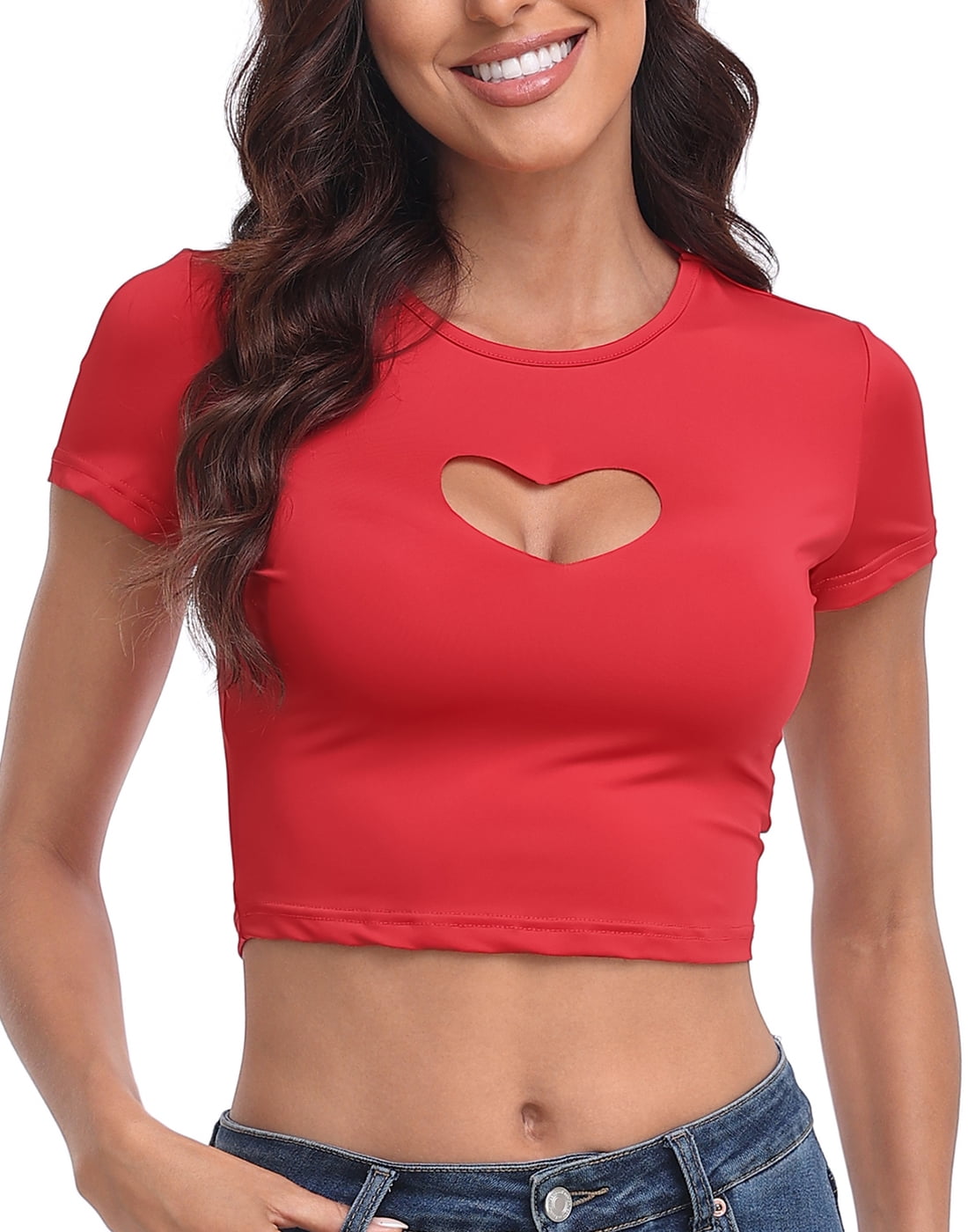 HDE Women's Y2K Heart Keyhole Cut-Out Short Sleeve Crop Top Red