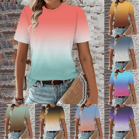 Naotn Gradient Short Sleeve Tops for Women Summer Casual Crew Neck Shirts Trendy Vacation Beach Blouses Fashion Basic-fit Tee