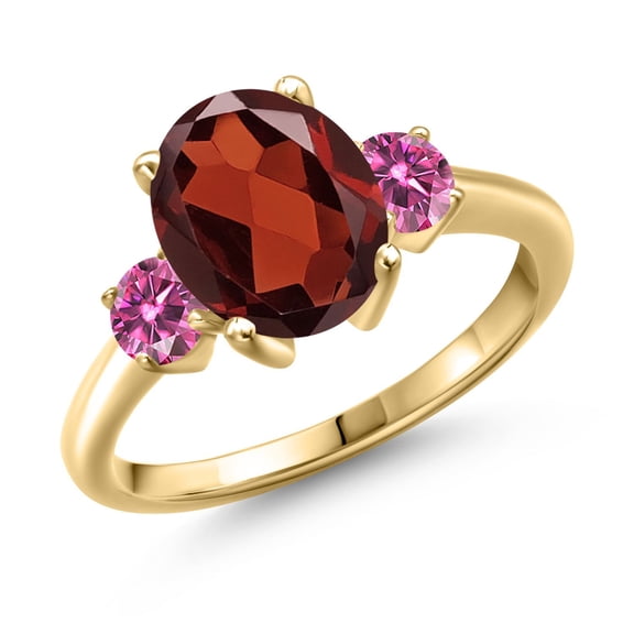 Gem Stone King 18K Yellow Gold Plated Silver Ring Oval Red Garnet and Vivid Pink Moissanite (3.26 Cttw, Size 9)