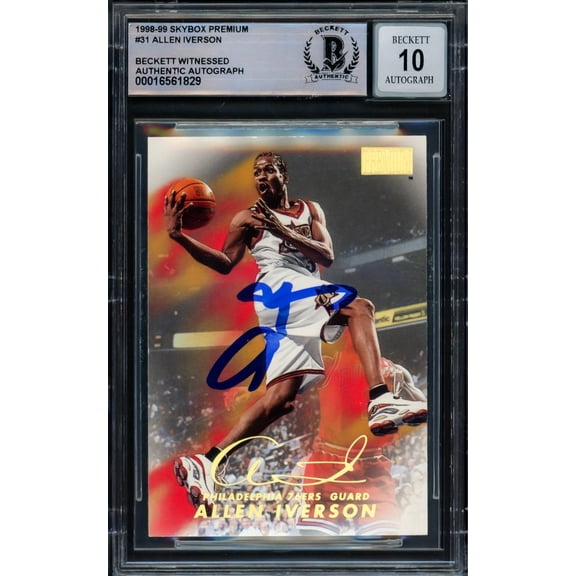 Allen Iverson Autographed 1998-99 Skybox Premium Card #31 Philadelphia 76ers Auto Grade Gem Mint 10 Beckett BAS Witnessed #16561829
