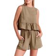 thumbnail image 3 of FOCUSNORM Women's Summer Shorts 2Pcs Suit Solid Color Ruffle Crop Top Tanks + Elastic Waist Drawstring Shorts Outfits, 3 of 6