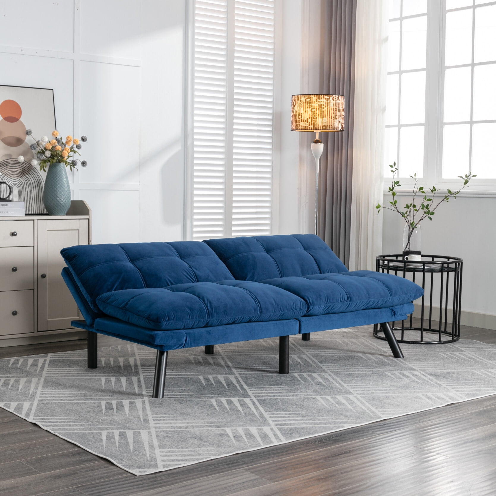 Convertible Futon Sofa Bed, 4 in 1 Sleeper Futon Couch Bed with Adjustable Armrest & Backrest, Memory Foam Futon Sofa Loveseat Sofa Bed in Velvet, Small Sofa for Living Room, Office, Apartment, Blue