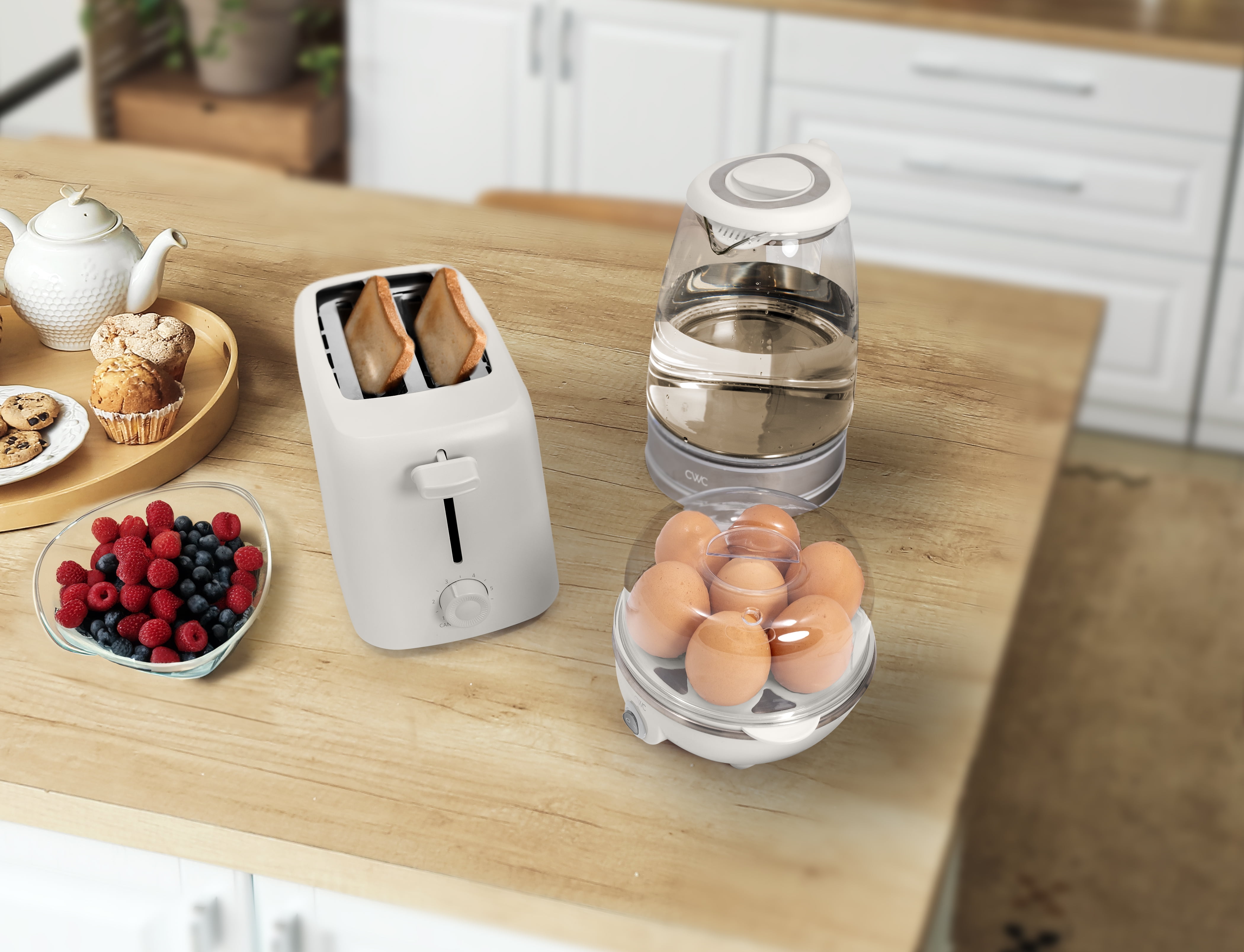 COOK WITH COLOR Compact Egg Boiler, Glass Kettle, & Toaster Kitchen Appliance Set, Cream