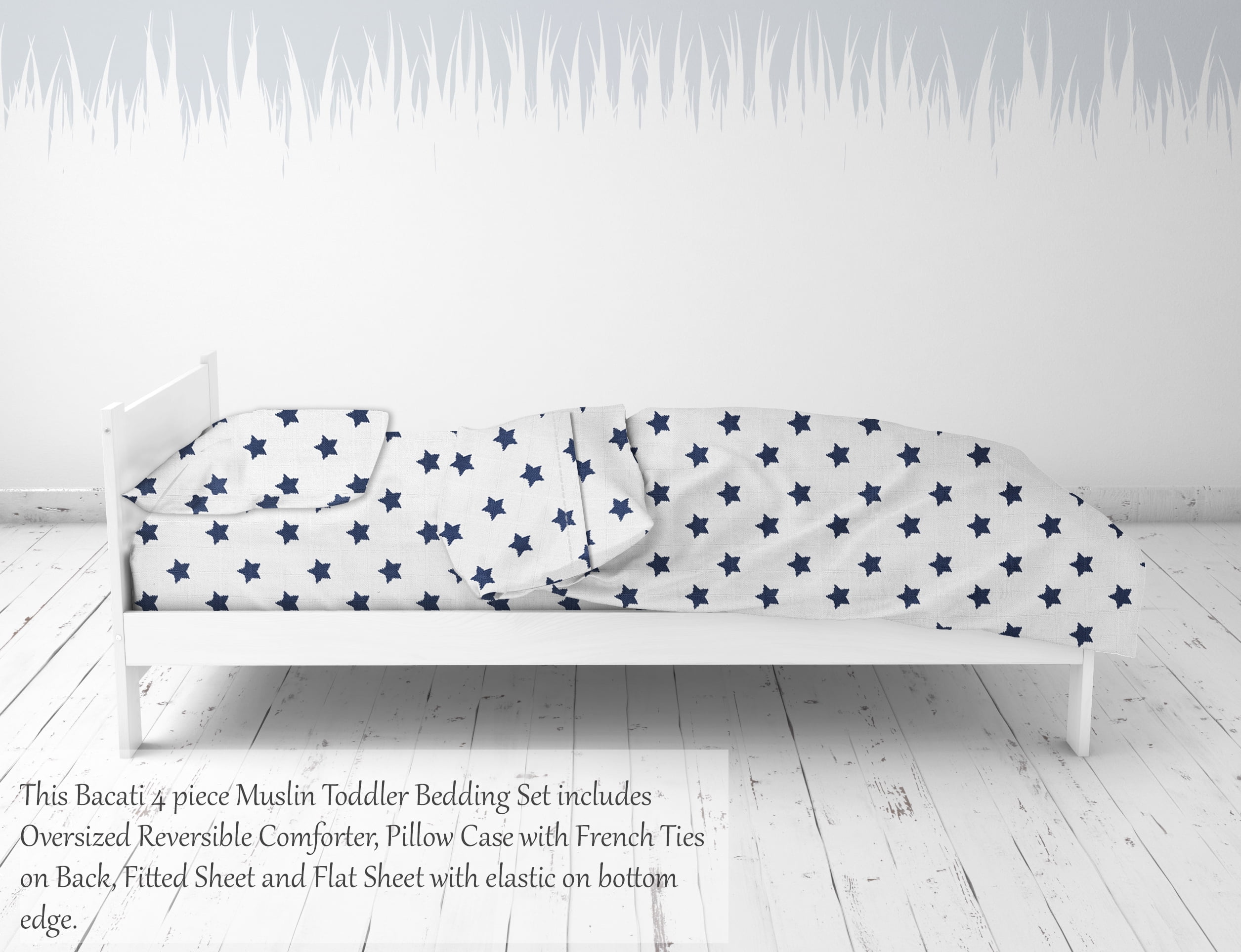 Bacati - Stars 100% Cotton Muslin Muslin 4-Piece Toddler Bedding Set, Navy