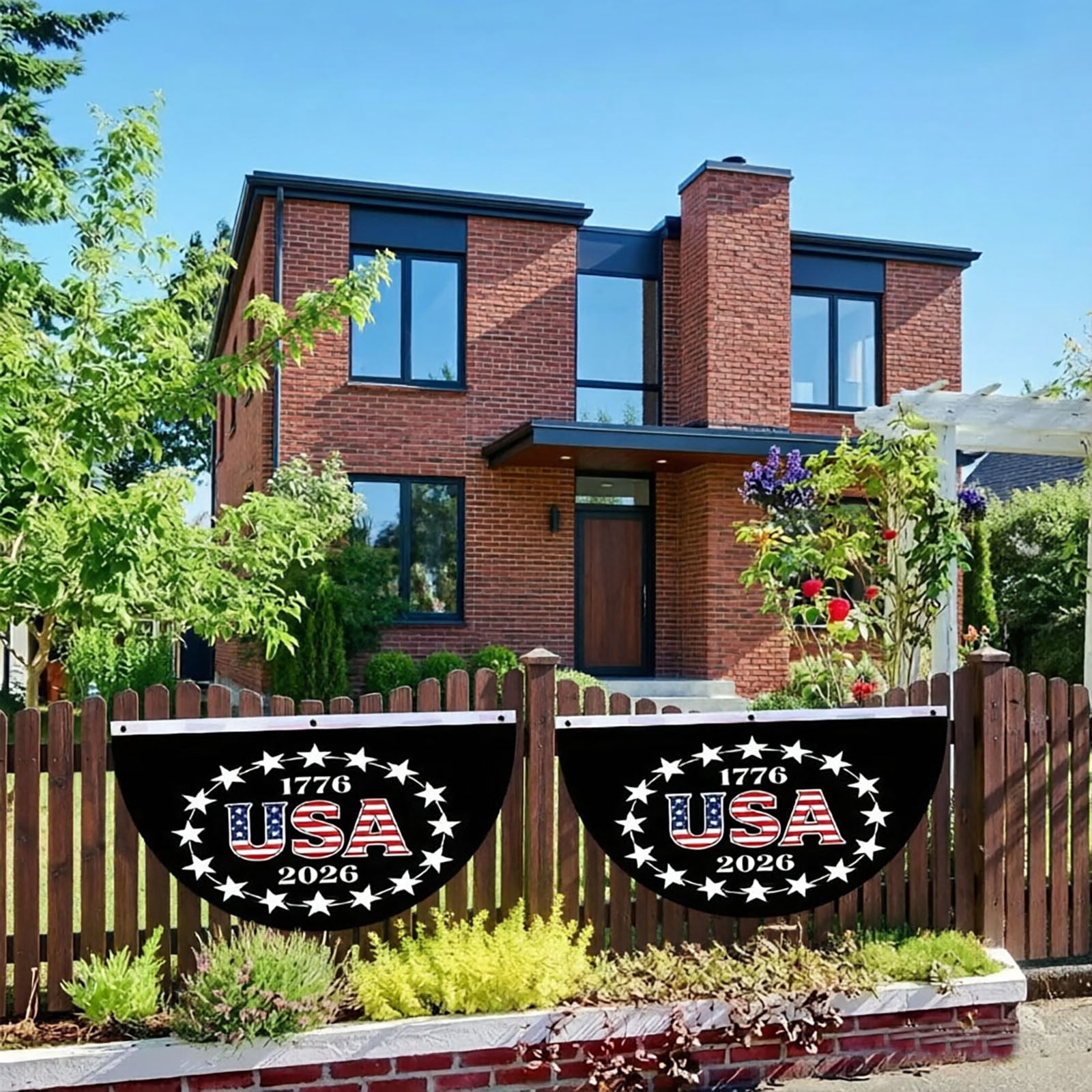 Patriotic Half-Round Bunting Banner 1776-2026 Polyester Flag with Metal Grommets 4th of July USA 250th Anniversary Decoration for Independence Day Fence and Outdoor Decor