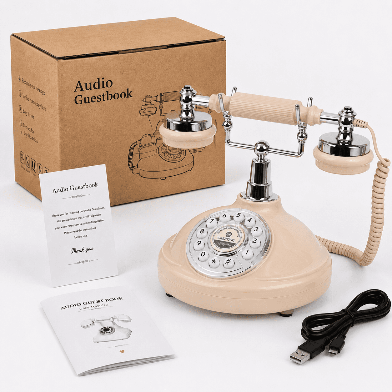 Audio Guest Book Wedding Phone Record Customized Voicemail with Audio Guest Book for Parties Weddings Birthdays Rentals Confessions Phone Record (Beige)
