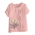 thumbnail image 4 of Women's Cotton Linen Tees Crew Neck Short Sleeve Tunic Tops Floral Casual Loose Fit Shirts Button Down T -shirts (Pink,S), 4 of 5
