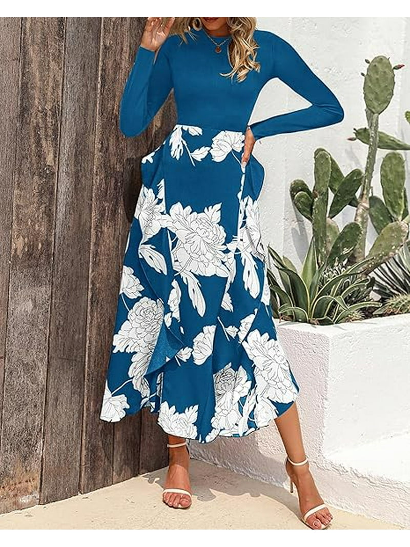 FreshPretty Womens Floral Maxi Dress Spring Summer Casual Crewneck Long  Sleeve Ruffle Flowy Cocktail Wedding Guest Dresses - Walmart.com