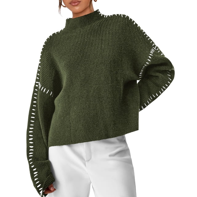 Suéter PRETTYGARDEN Cuello Simulado Tejido Grueso Verde Militar M