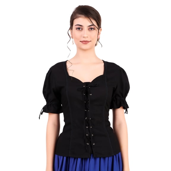 ThePirateDressing Women’s Sweetheart Neck Medieval Renaissance Pirate Blouse – Rayon Lace-Up Blouse