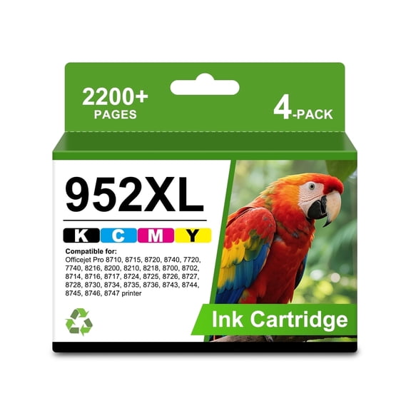 952XL Ink Cartridges Combo Pack Compatible for 8710 7740 Printer for 952 XL Black Color for 952 OfficeJet Pro 8720 8725 8210 8715 8702 8740 7720 8730 8216 8700 Black Cyan Magenta Yellow 4 Pack