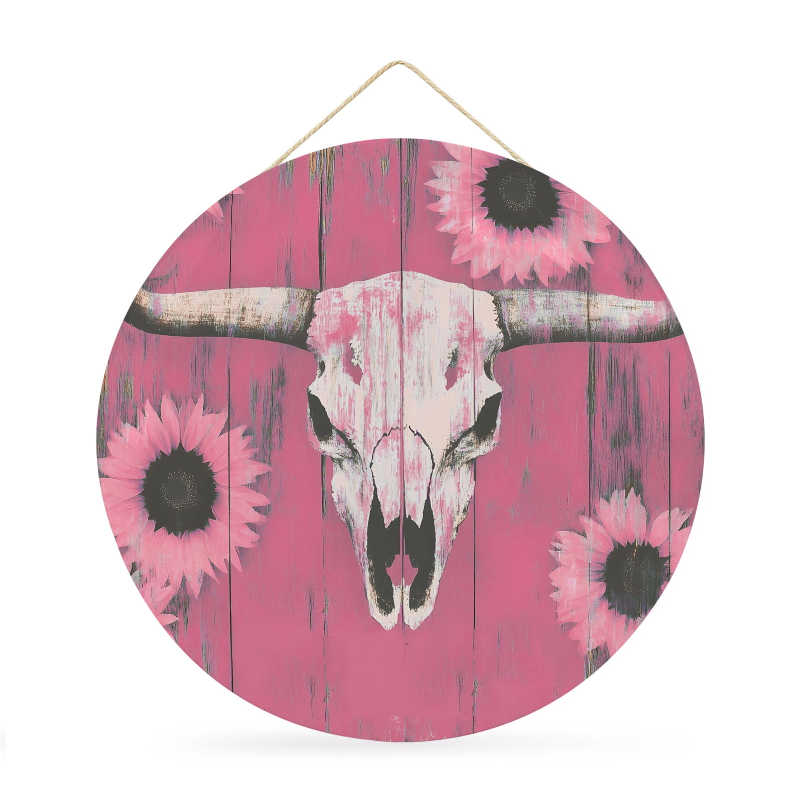 Welcome Sign Front Door Decorations Blush Pink Skull Head Round Wall Art Outdoor Metal Wreaths Sunflowers Boho Distressed Wood Grain Seasonal Hanging Sign for Home Porch Decor Warming Gift 12 In