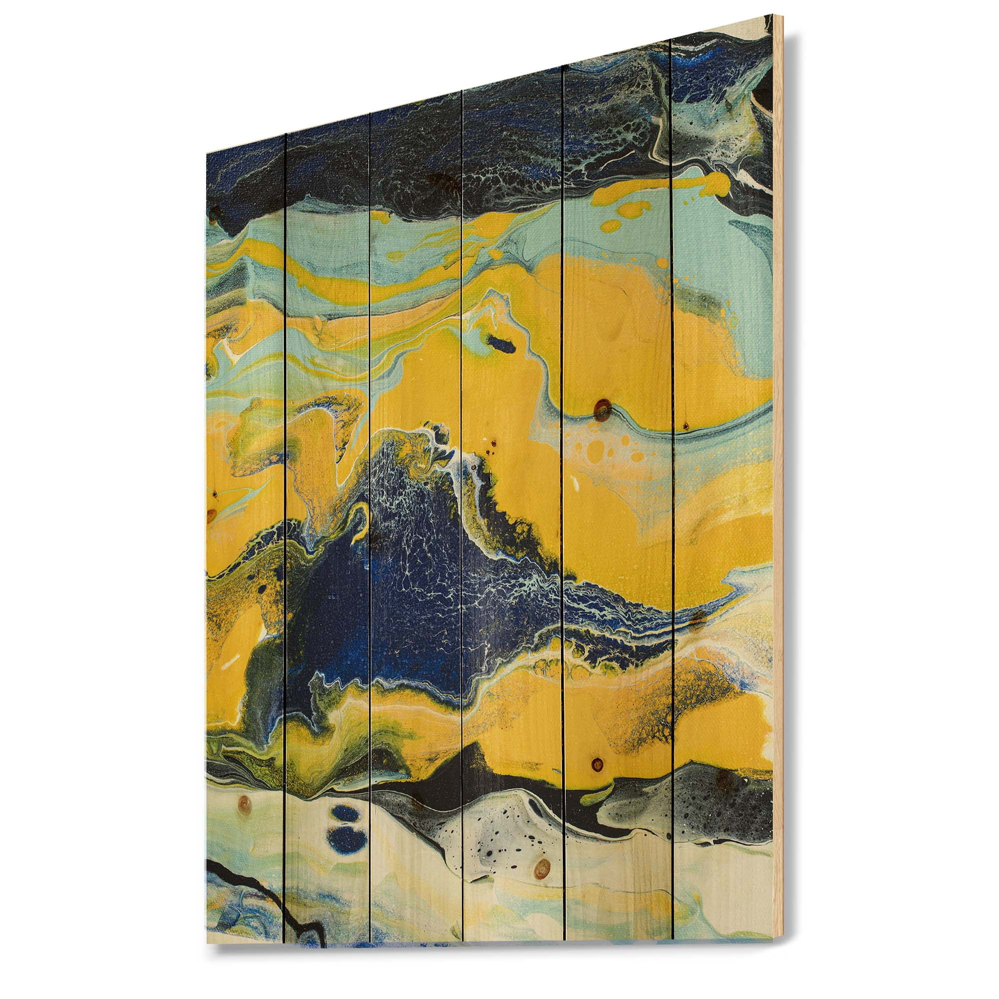 Designart 'Abstract Marble Composition In Blue and Yellow I' Modern Print on Natural Pine Wood
