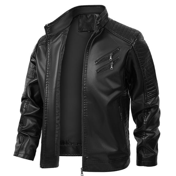 Maoxin Leather Jacket Men Men Zipper Pocket Artificial Leather Clothing Long Sleeves No Hat Fall And Winter Loose Coat Plus Size Leather Jacket Black M