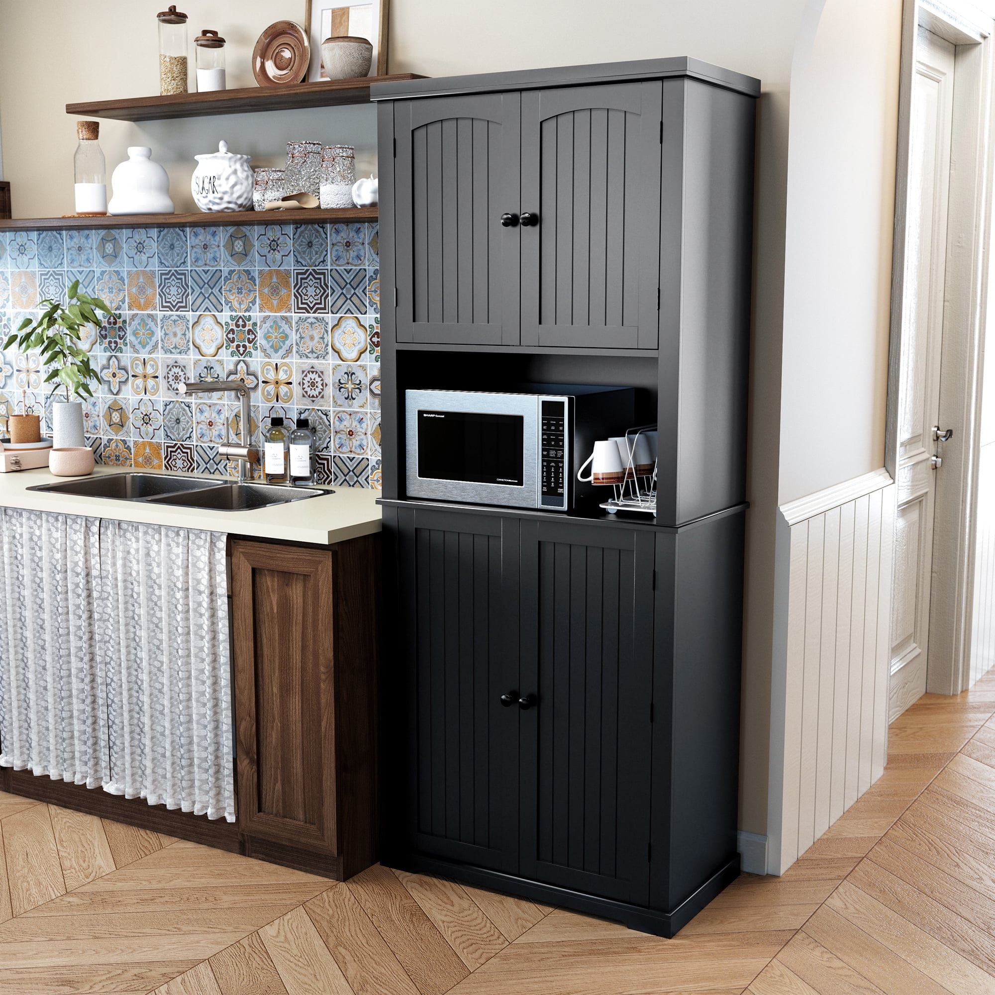 HLR 72" Kitchen Pantry Cabinet, Freestanding Pantry Storage Cabinet with Hutch & Shelves, Black