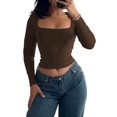 thumbnail image 2 of Womens Square Neck T Shirts Long Sleeve Short Sleeve Tops Fitted Tees Brown L, 2 of 8