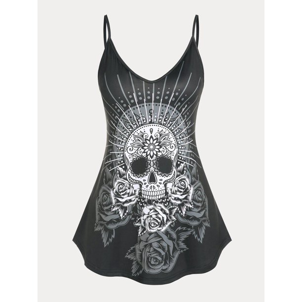 Tank Top de Talla Extra con Estampado de Rosa de Calavera Rosegal Camisetas sin mangas de talla grande