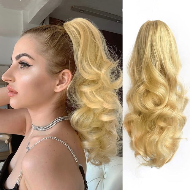 Extensión de cola de caballo rubia StrRid extensiones de cabello garra de cola de caballo 16.0 in ondulado sintético falso clip en cola de caballo peluca diaria esponjosa cola de caballo rizado negro