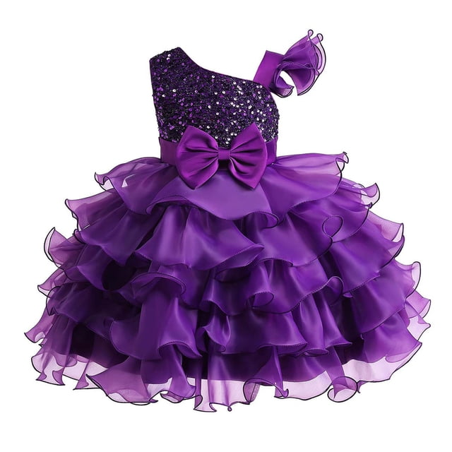 Zpanxa Girls Flower Dress Colorful Gradient Irregular Bow Princess Puffy Polyester Dress Purple 3-4 Years