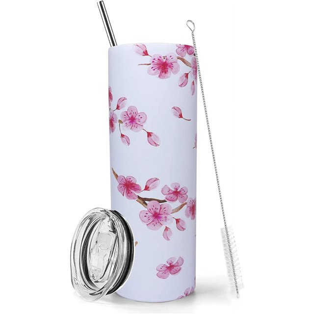 Vaso de flor de cerezo con tapa y pajita, 20 oz, aislado, rosa, de acero inoxidable, delgado, botella de agua con diseño de flor de cerezo, taza de viaje, copas de vino, regalo para mujer