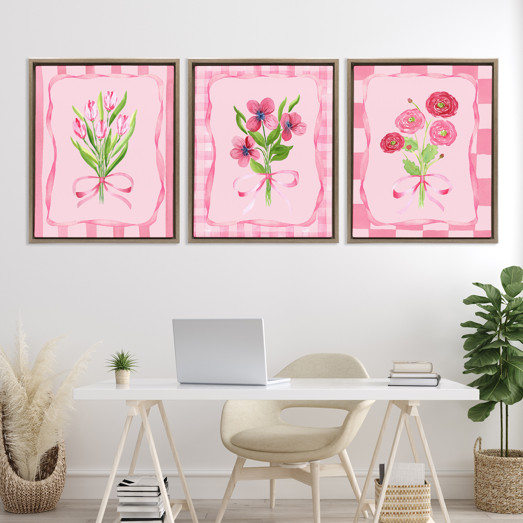 Pretty & Sweet Bordered Flowers 3 Piece Brown Framed Floater Canvas Set, design by Nina Jacobs