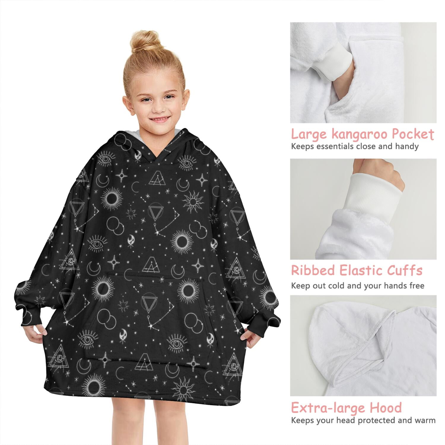 Black White Gothic Geometry Sun Moon Pattern Blanket Hoodies for Kids 6-13YR Oversize Wearable Blanket Hoodies for Boys Girls Teens
